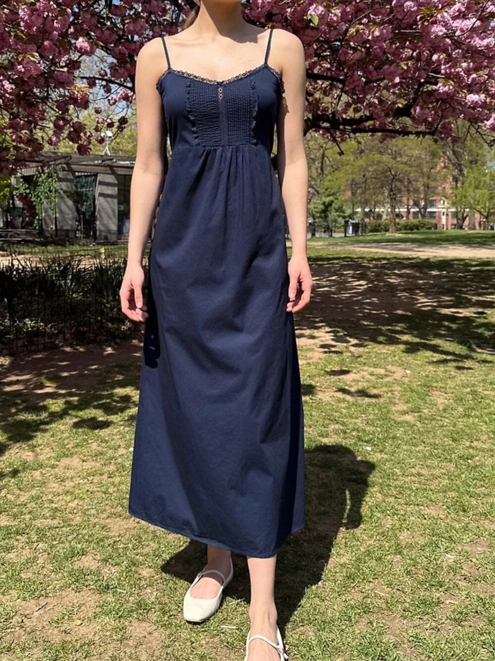 Brandy Melville Navy Sleeveless Maxi Dress with Lace Trim And Tie Back